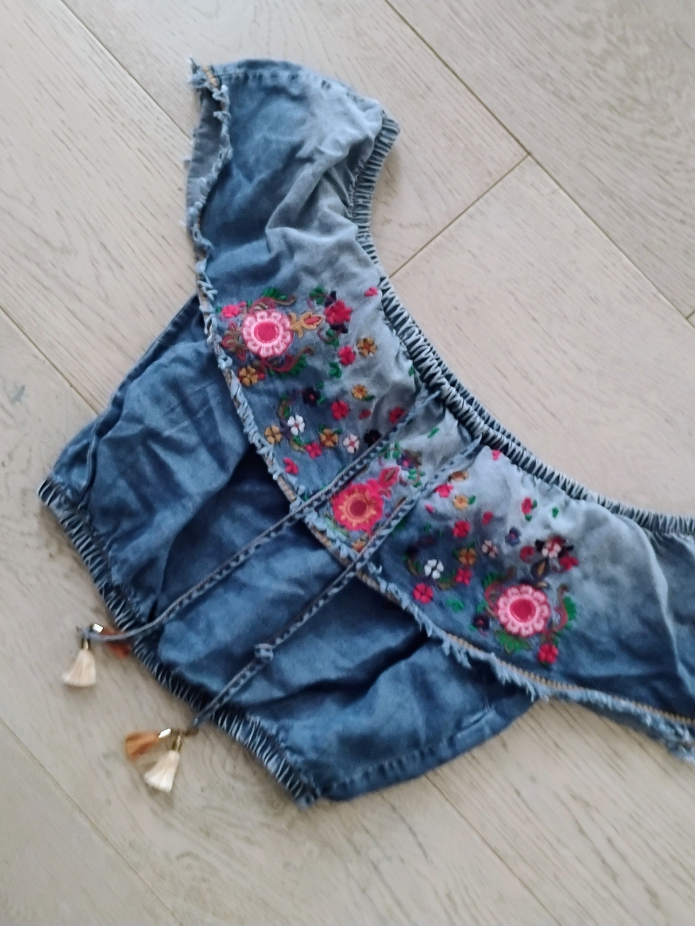 Embroidered Blue Denim Off-Shoulder Crop Top